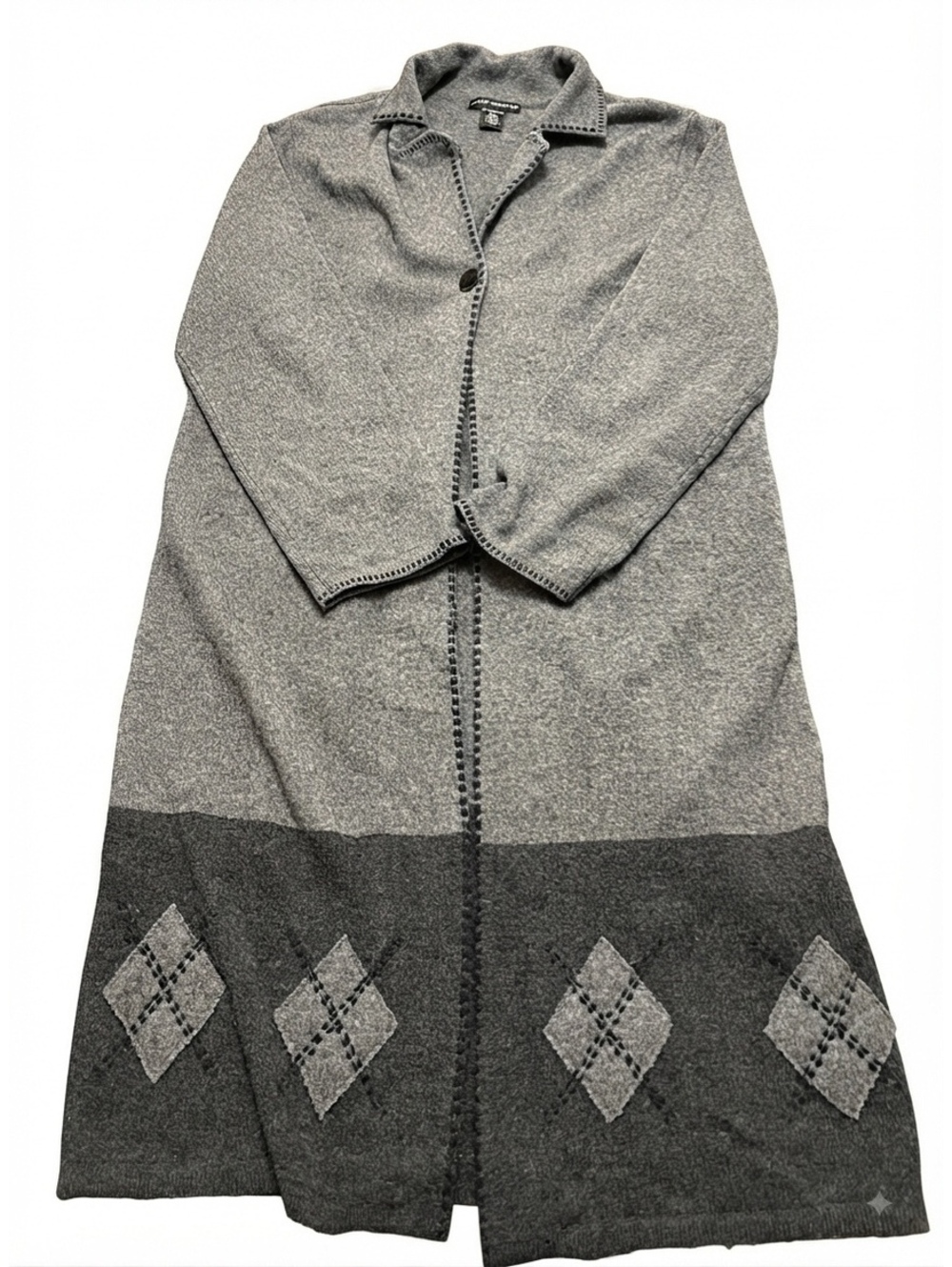 Sarah Spencer 100% Lambswool Long Cardigan Grey Argyle Hem Size L READ